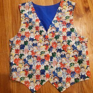 Womens Colorful Faces Print Teachers Vest Star Buttons Lining Handmade Large